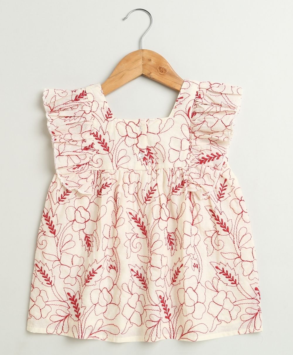 Red Floral Embroidery Ruffle Organic Cotton Co-ord Set - Off-White