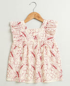 Red Floral Embroidery Ruffle Organic Cotton Co-ord Set - Off-White
