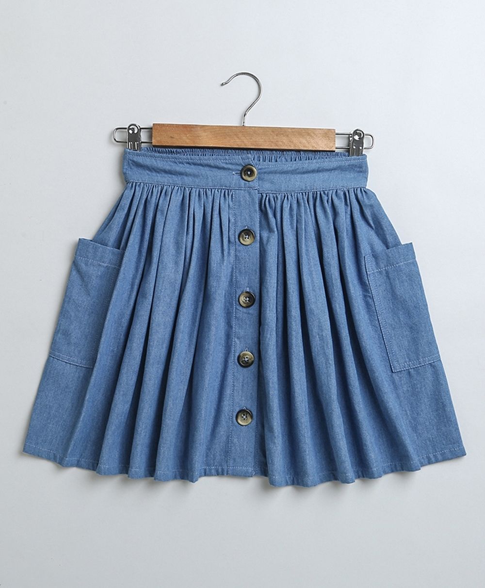 Stylish Floral Print Cotton Top & Soft Denim Skirt Coord Set - Blue