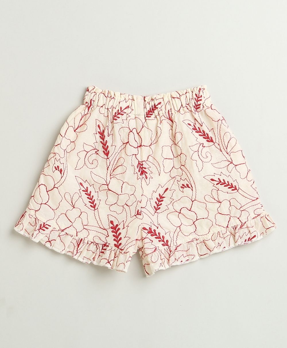 Red Floral Embroidery Ruffle Organic Cotton Co-ord Set - Off-White
