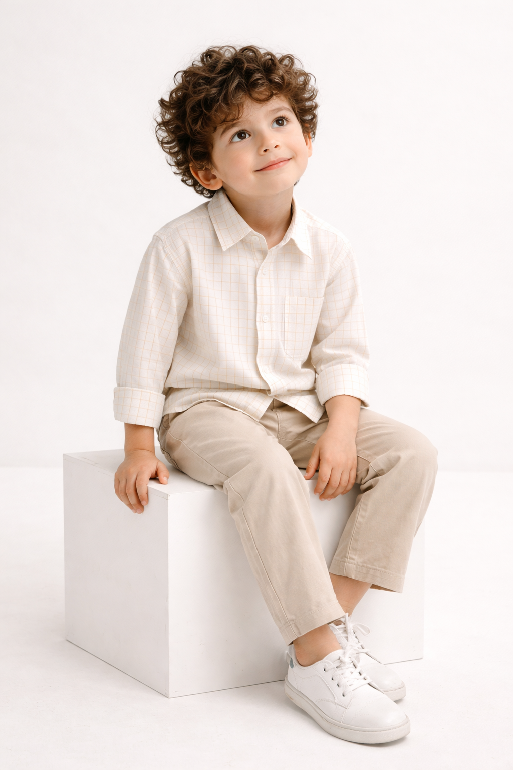 The yelllow Checks shirt  & Khaki Cotton Co-ord Set -  Biege