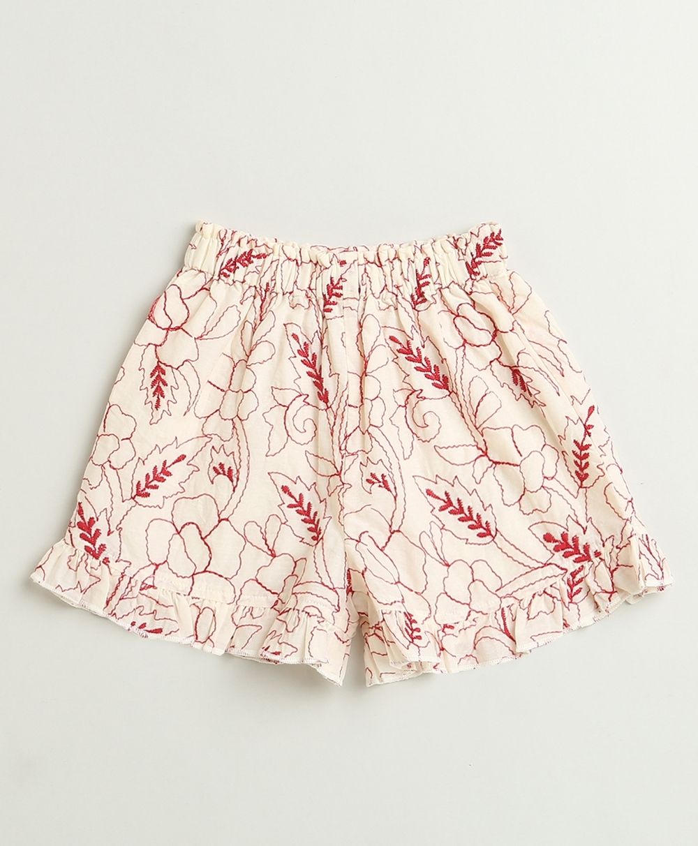 Red Floral Embroidery Ruffle Organic Cotton Co-ord Set - Off-White