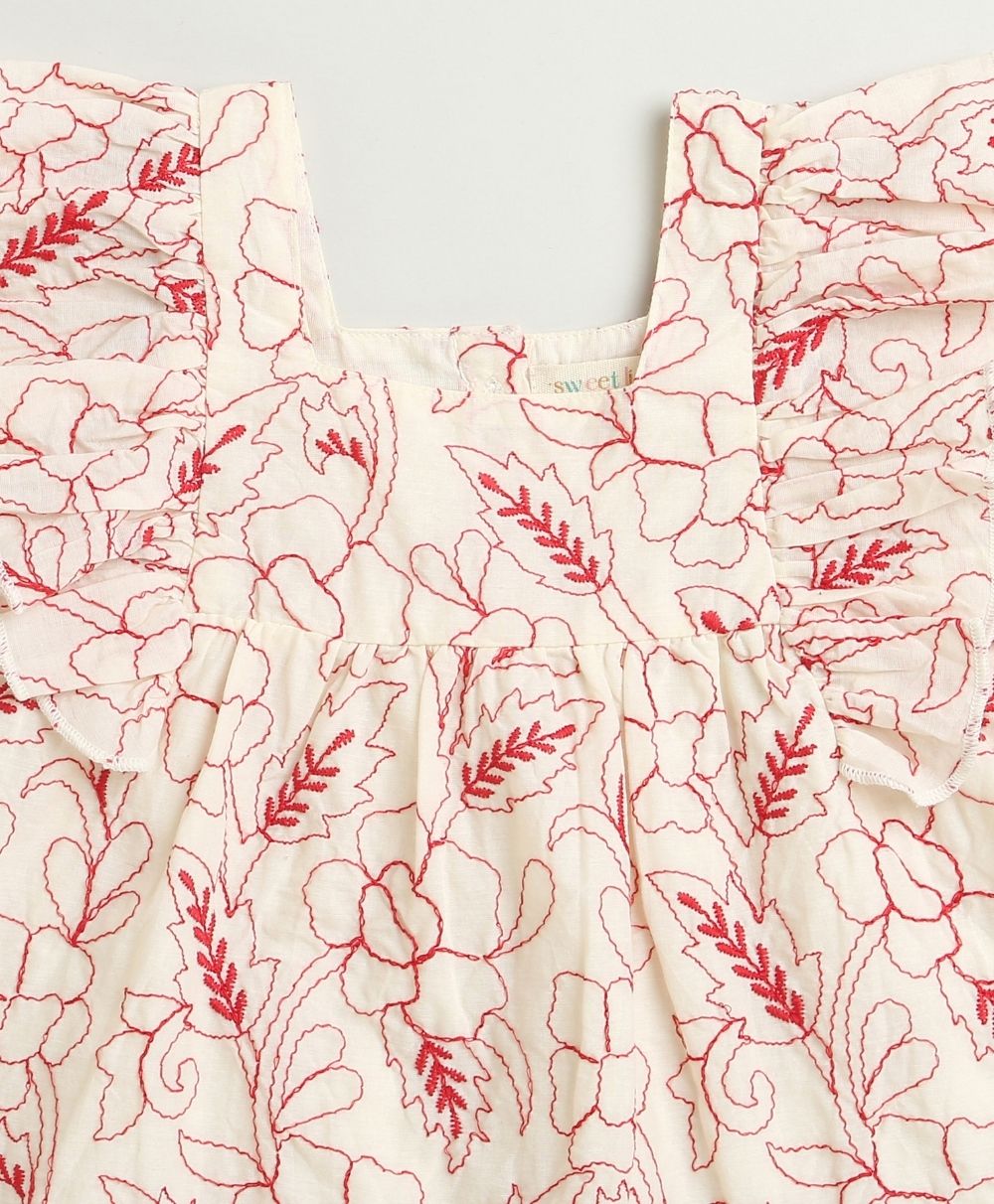 Red Floral Embroidery Ruffle Organic Cotton Co-ord Set - Off-White