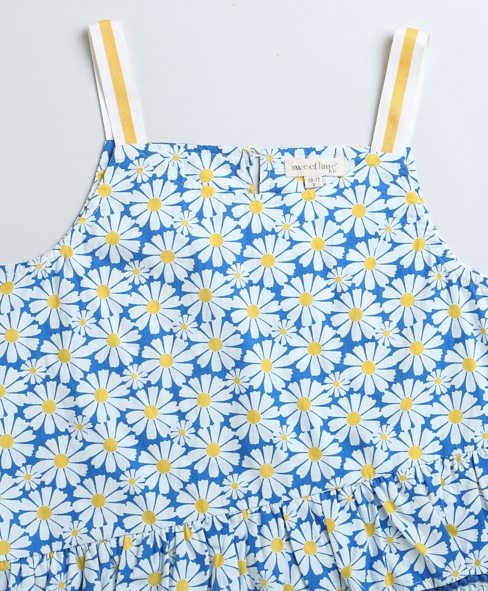 Stylish Floral Print Cotton Top & Soft Denim Skirt Coord Set - Blue