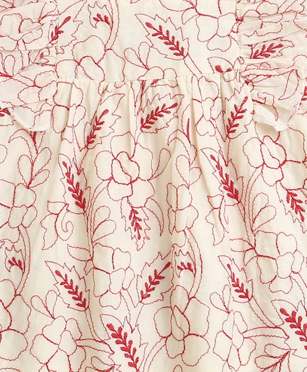 Red Floral Embroidery Ruffle Organic Cotton Co-ord Set - Off-White