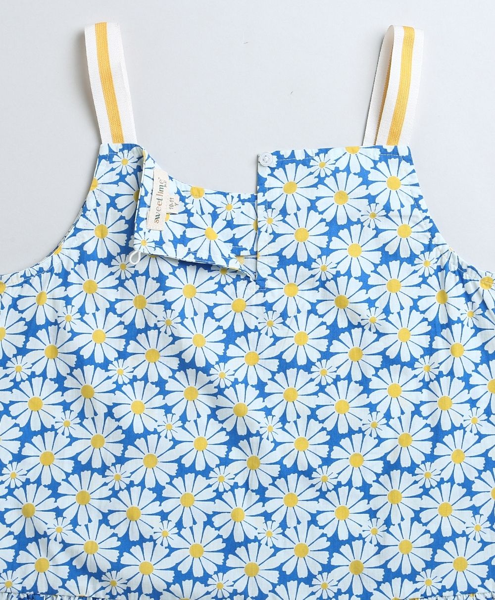 Stylish Floral Print Cotton Top & Soft Denim Skirt Coord Set - Blue