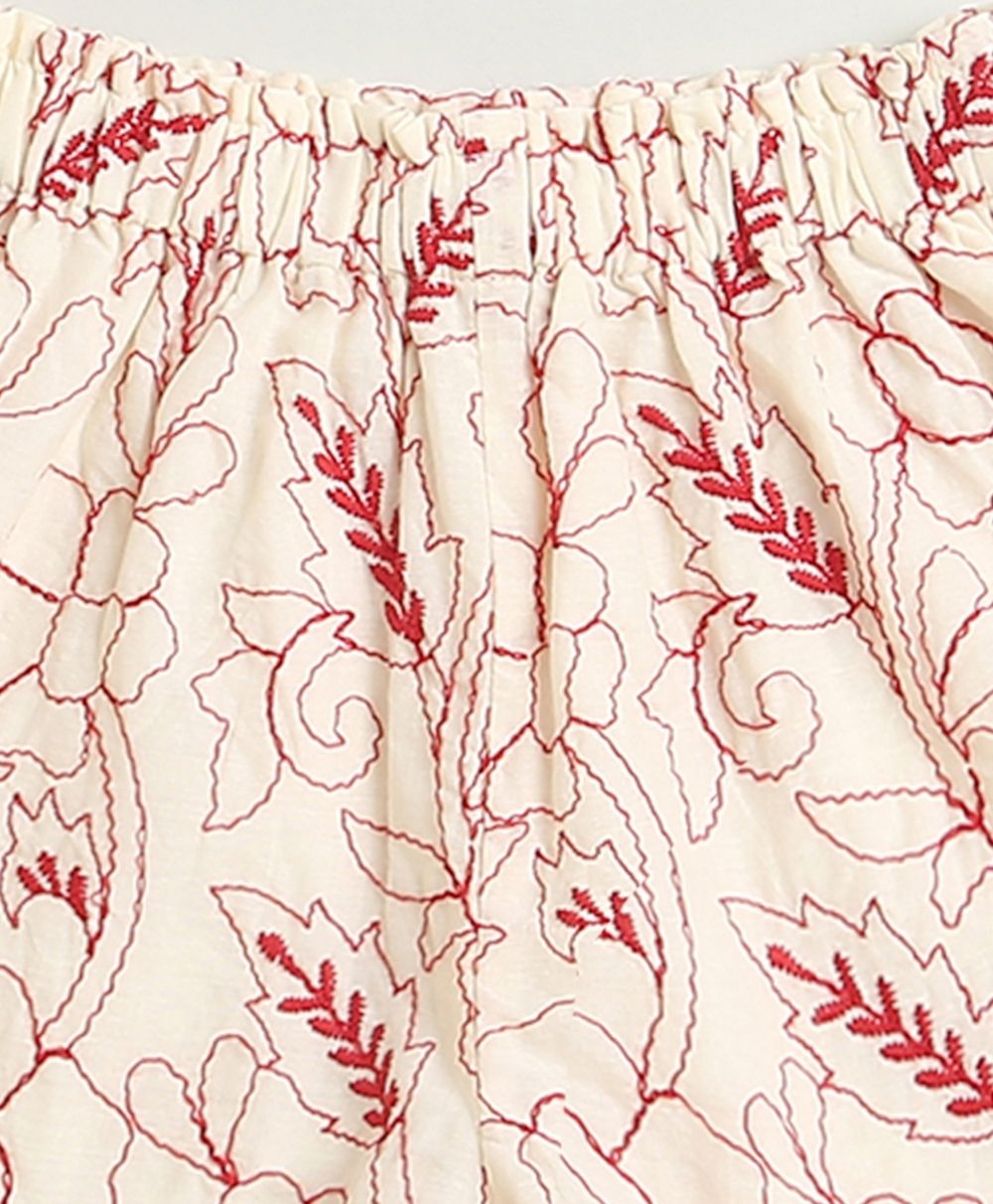Red Floral Embroidery Ruffle Organic Cotton Co-ord Set - Off-White