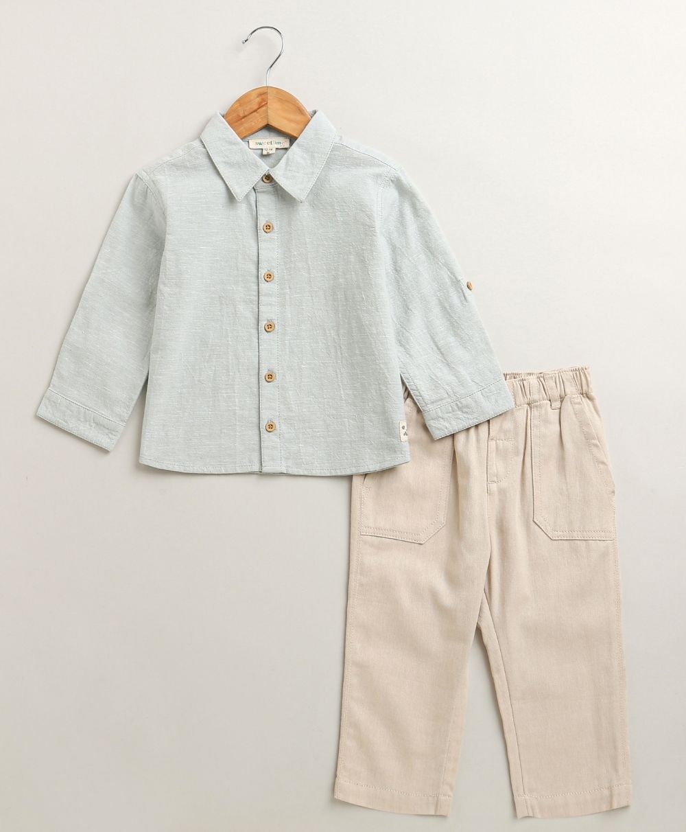 The Little Explorer Mint & Khaki Cotton Co-ord Set - Mint & Biege
