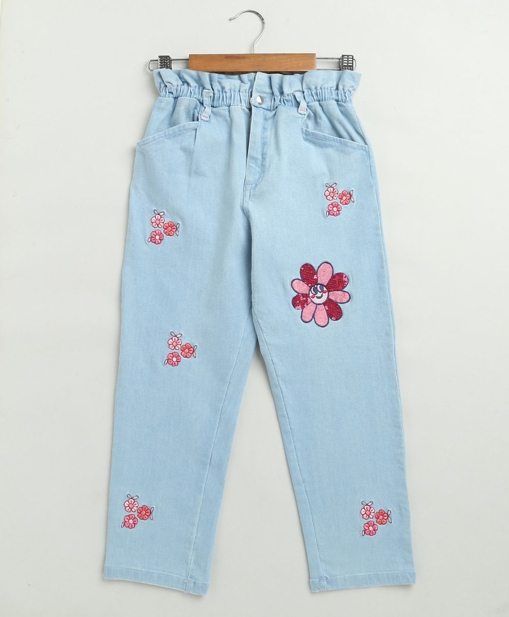 Pink Floral Embroidery Cotton Denim Pants - Blue