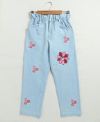 Pink Floral Embroidery Cotton Denim Pants - Blue