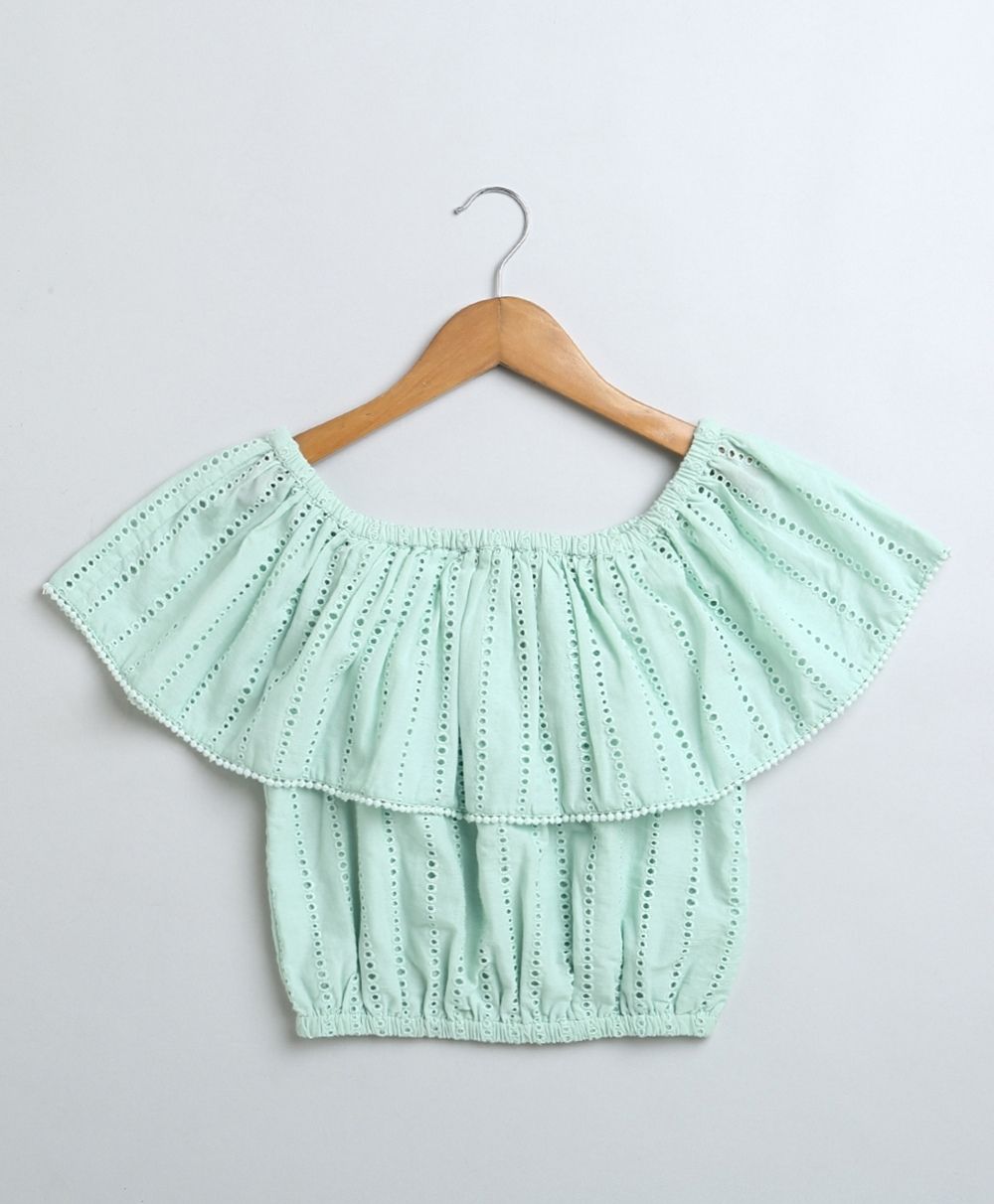 Off-Shoulder Schiffly Crop Top - Pastel Green