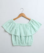 Off-Shoulder Schiffly Crop Top & Cotton Twill Shorts Set - Pastel Green & White