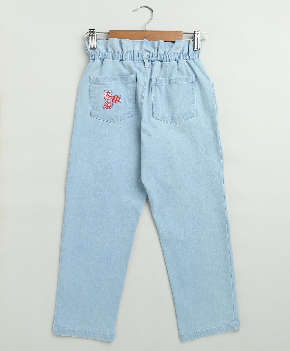 Pink Floral Embroidery Cotton Denim Pants - Blue