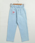 Pink Floral Embroidery Cotton Denim Pants - Blue