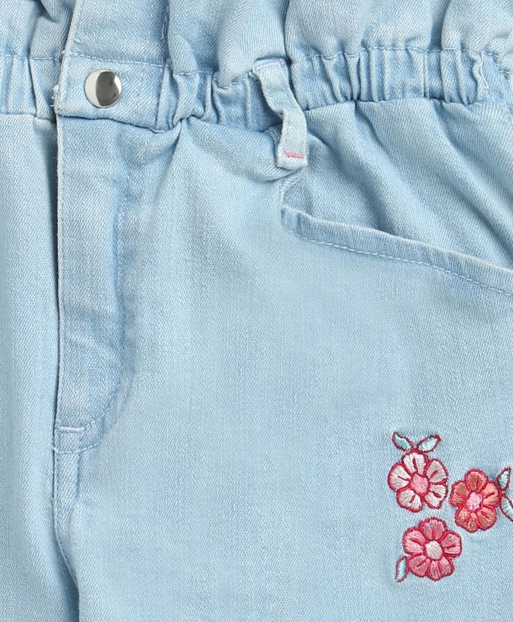 Pink Floral Embroidery Cotton Denim Pants - Blue