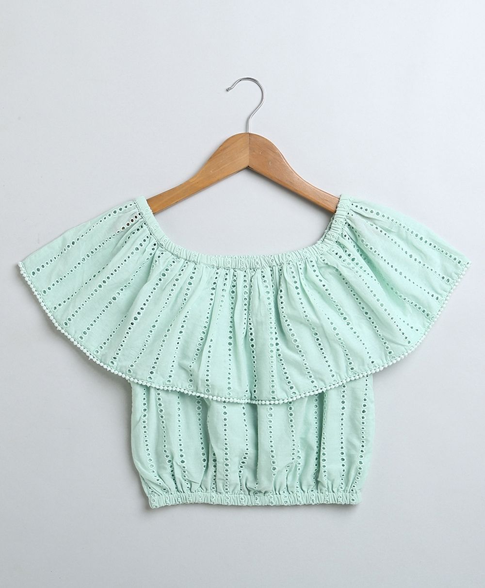 Off-Shoulder Schiffly Crop Top - Pastel Green