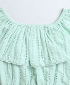 Off-Shoulder Schiffly Crop Top & Cotton Twill Shorts Set - Pastel Green & White