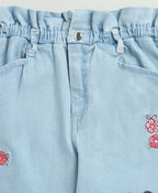 Pink Floral Embroidery Cotton Denim Pants - Blue