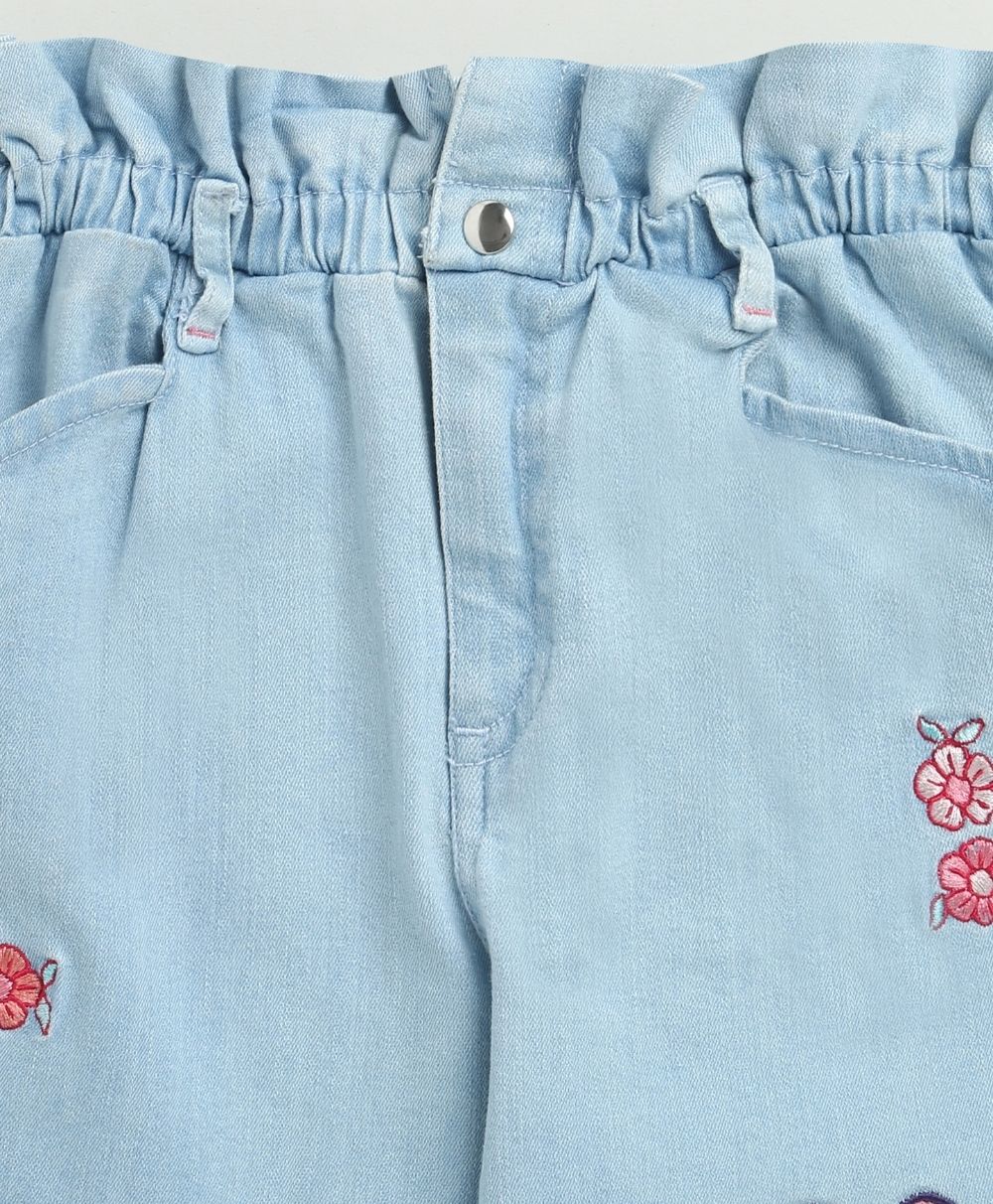 Pink Floral Embroidery Cotton Denim Pants - Blue