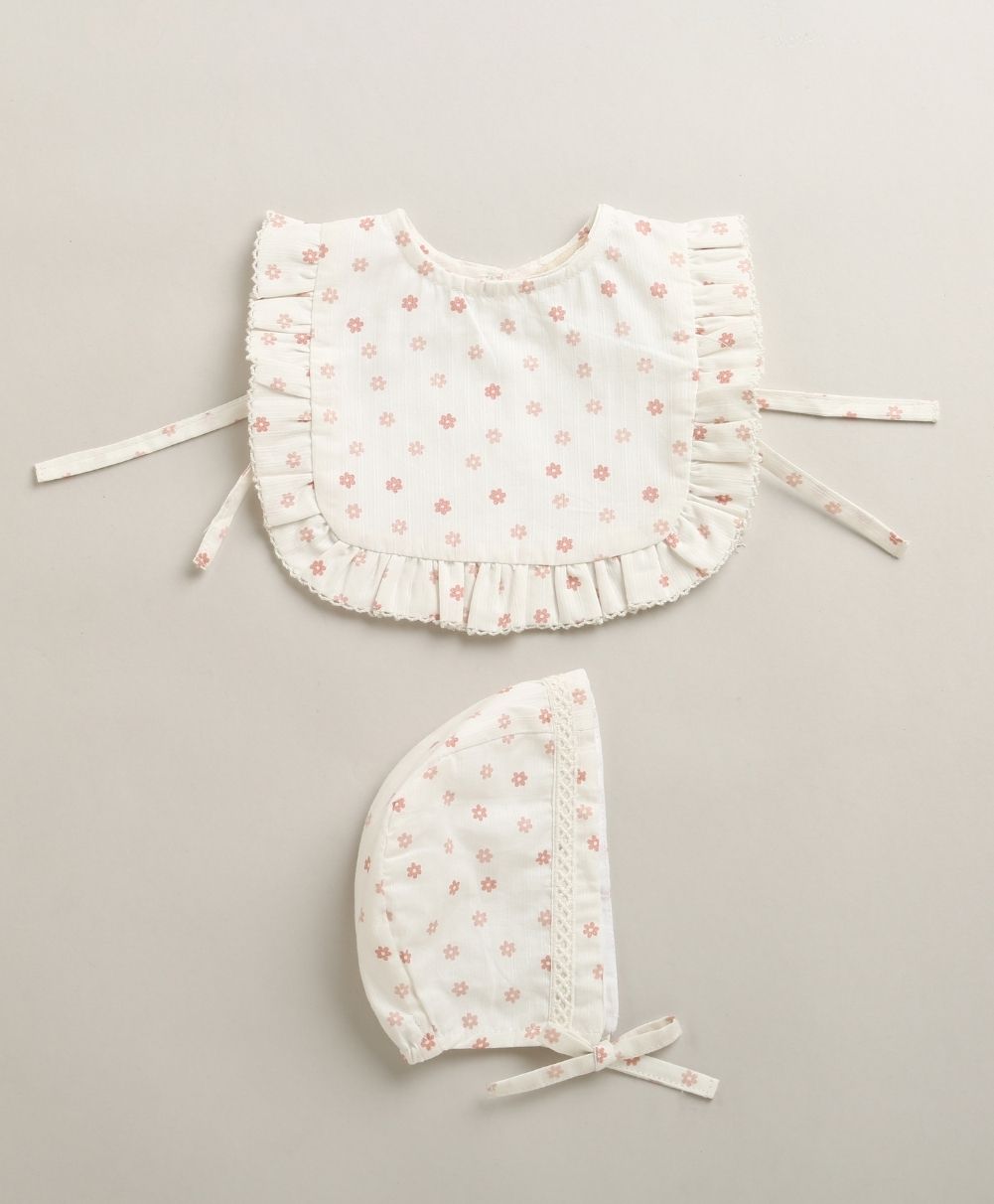 Organic Cotton Rosy Charm Bib & Bonnet- White