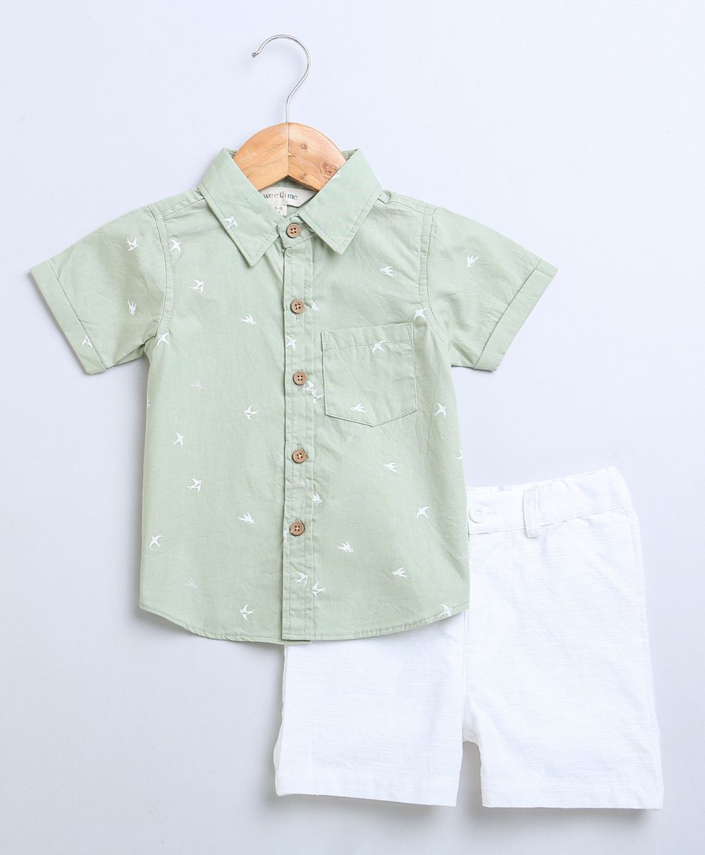 Bird Print Cotton Poplin Boys Shirt & Cotton Slub Shorts - Green & White