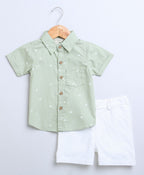 Bird Print Cotton Poplin Boys Shirt & Cotton Slub Shorts - Green & White
