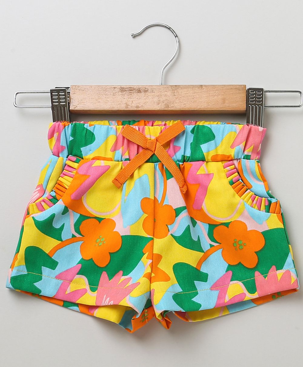 Flutter Sleeves Top with Cotton Twill Shorts - Yellow & Multicoloured