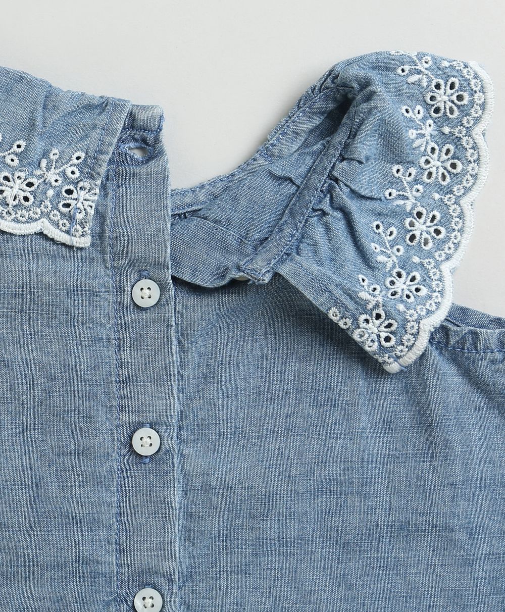 Cotton Denim Ruffle Dress & Bloomer Set - Blue