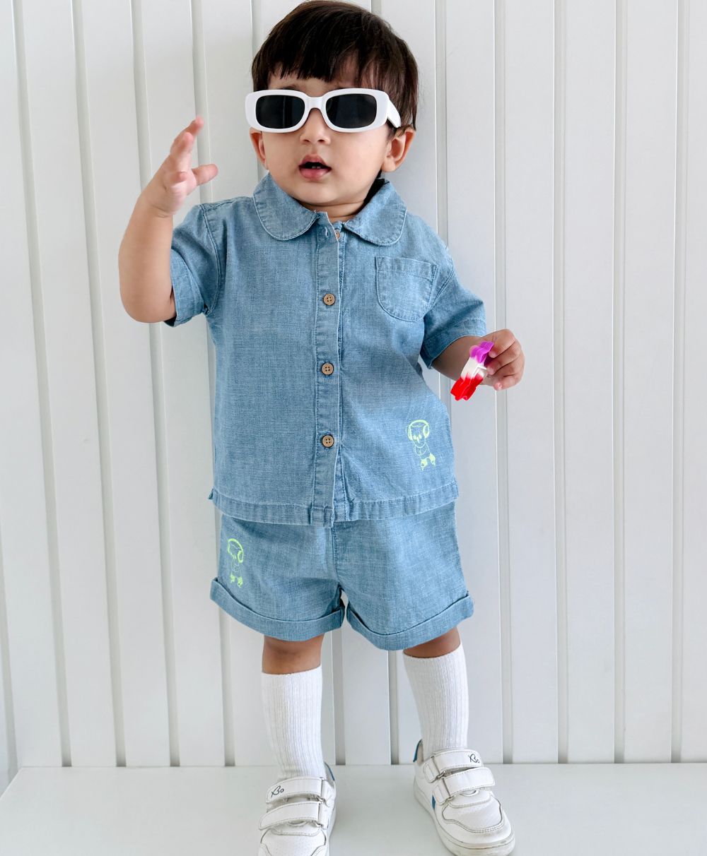 Cotton Denim Shirt & Shorts Co-ord Set - Blue