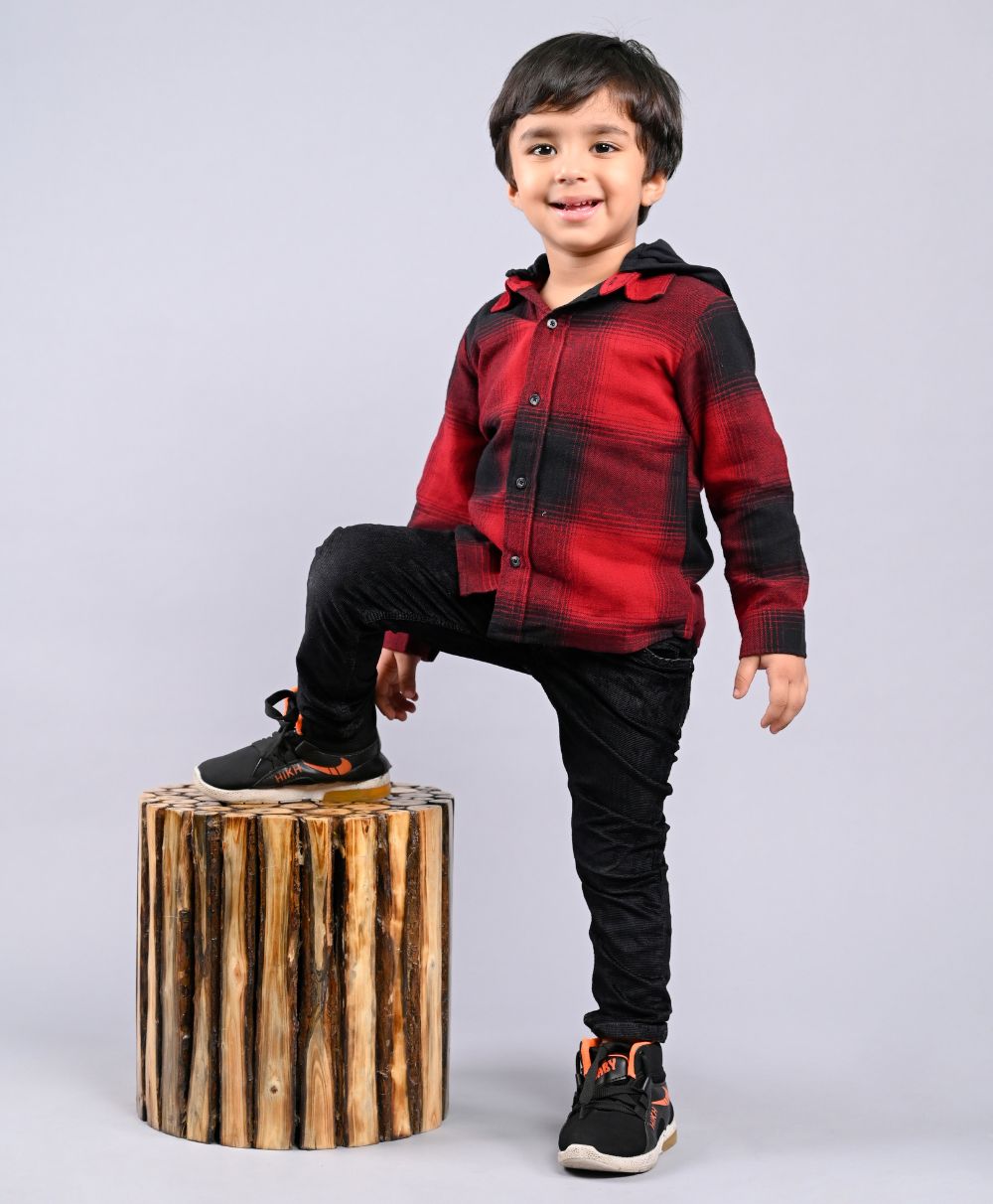Sweetlime By As Checks Cotton Flannel Hoodie Long Sleeve Shirt detachable hoodie - Red & Black
