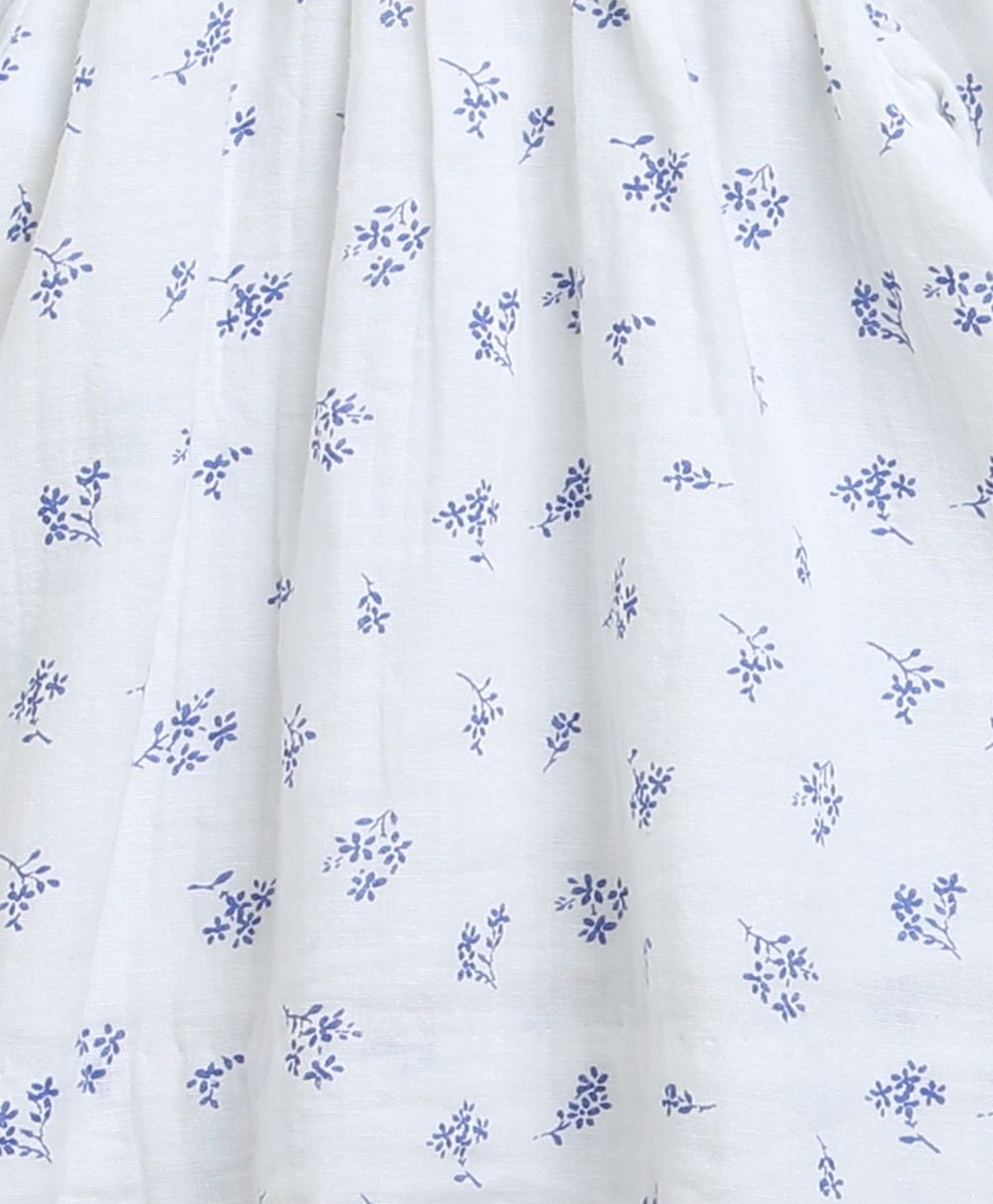 Baby Girls Blue Floral Printed Cotton Dress with a Bloomer - White