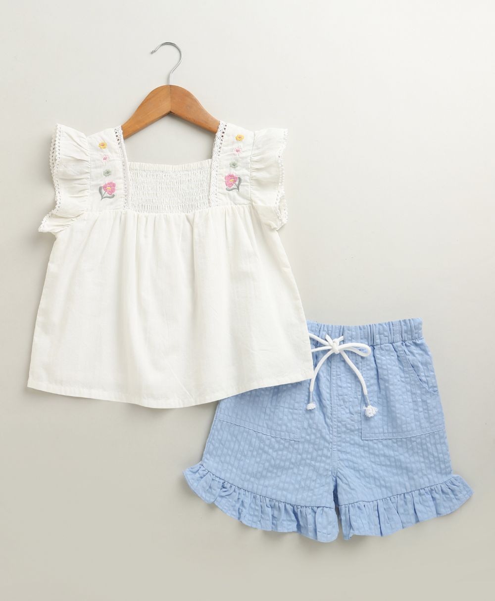 Girls Sunshine Garden Ruffle Cotton Co-ord Set - White & Blue