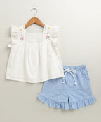 Girls Sunshine Garden Ruffle Cotton Co-ord Set - White & Blue