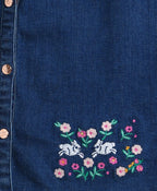 Floral Embroidery Cotton Denim Dress - Navy