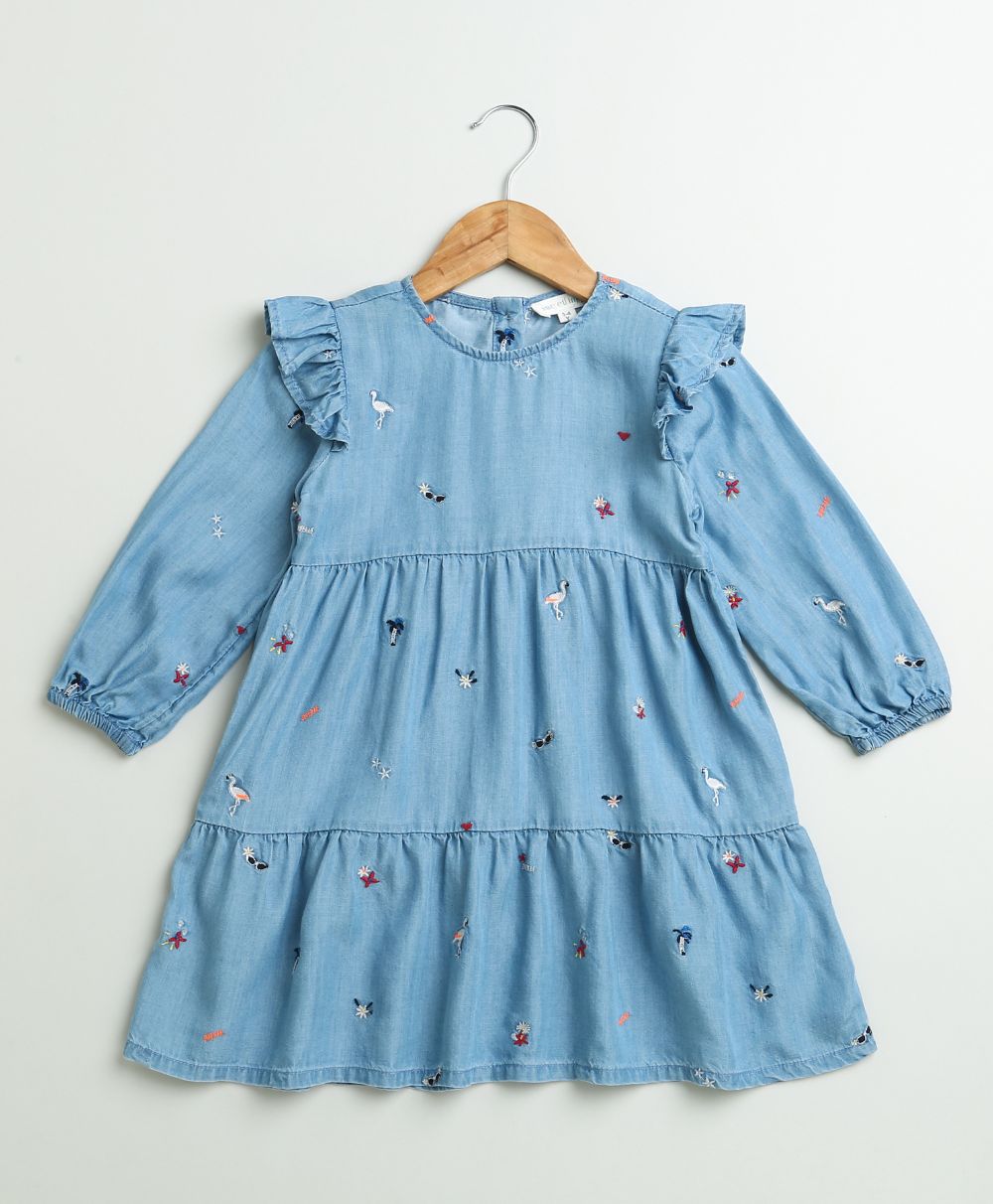 Flamingo Embroidered Denim Ruffle Dress - Blue