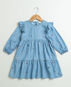Flamingo Embroidered Denim Ruffle Dress - Blue