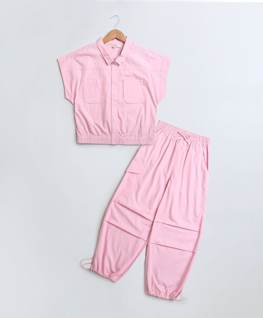 Solid Jacket with Cargo Pant 2 pcs Set - Baby Pink