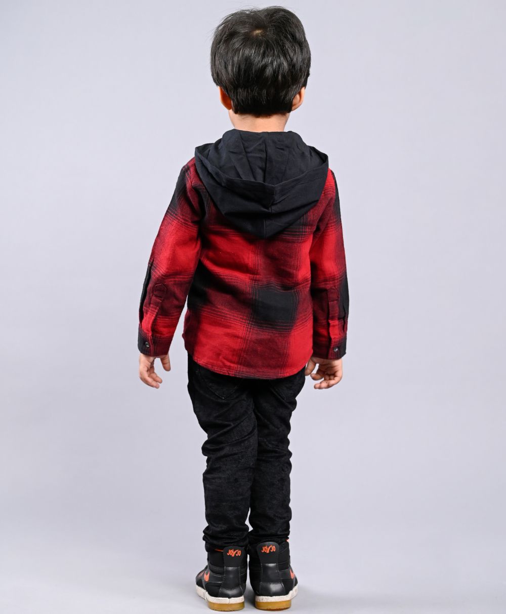Sweetlime By As Checks Cotton Flannel Hoodie Long Sleeve Shirt detachable hoodie - Red & Black