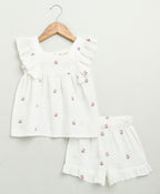 Pink Floral Embroidery Ruffle Organic Cotton Co-ord Set - White