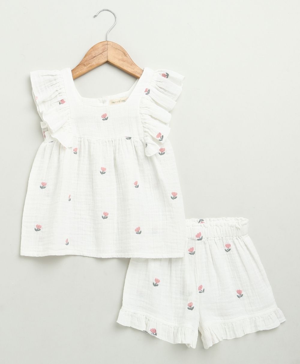 Pink Floral Embroidery Ruffle Organic Cotton Co-ord Set - White