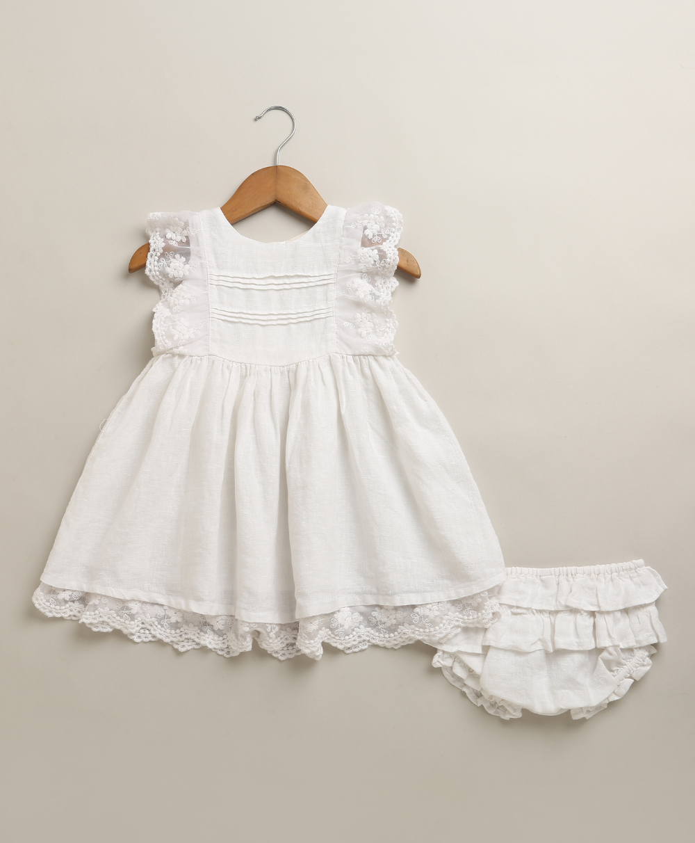 Ivory Blossom Lace Linen Dress & Bloomer - White