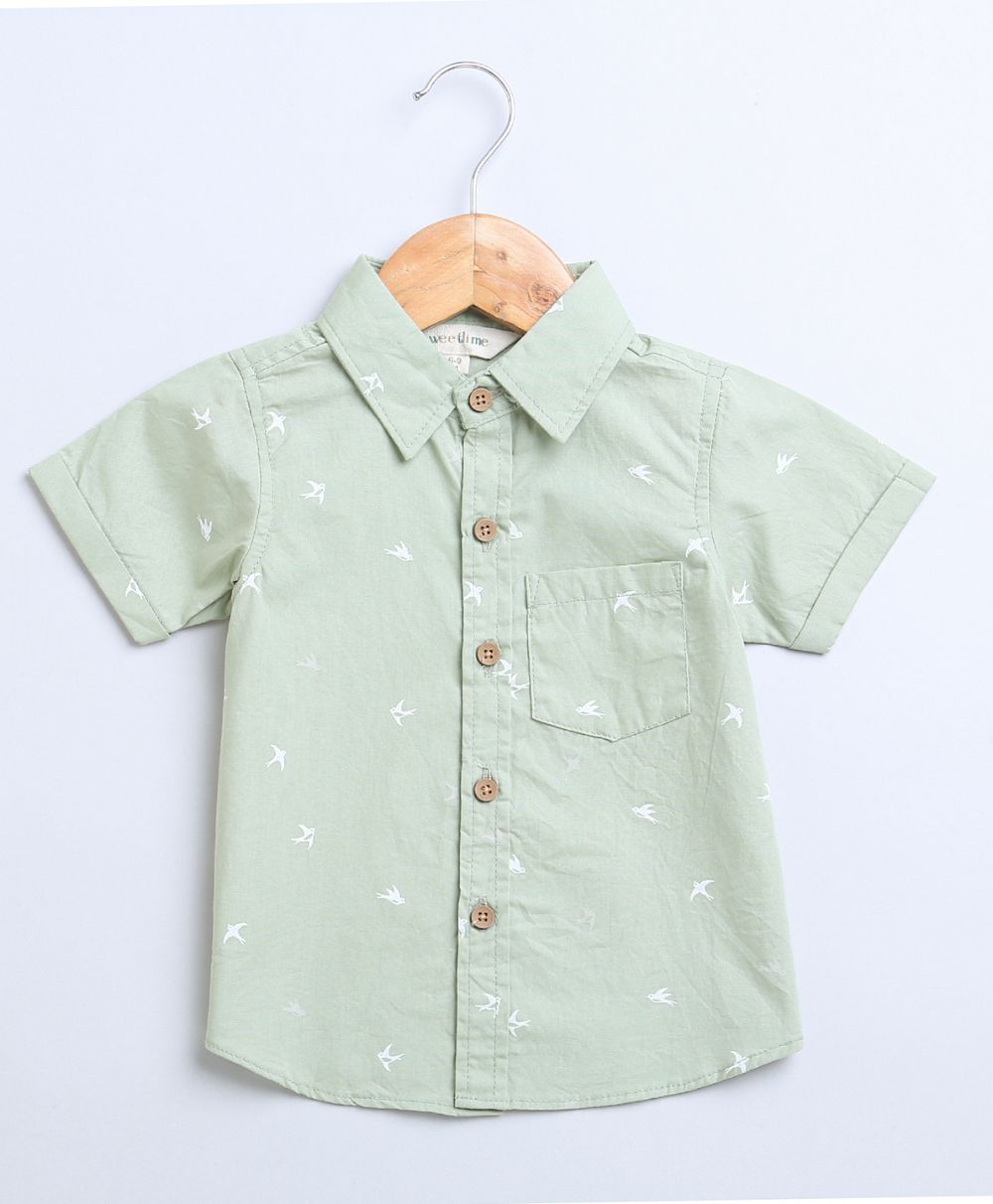 Bird Print Cotton Poplin Boys Shirt - Green