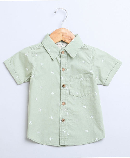 Bird Print Cotton Poplin Boys Shirt - Green