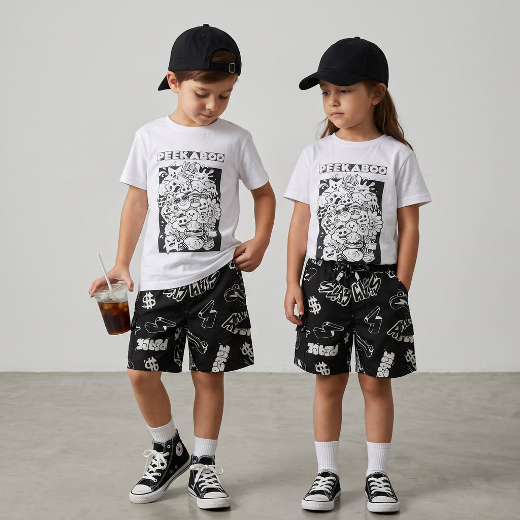 Unisex Peekaboo T-shirt & Graffiti Cotton Elastane Shorts - Streetwear - White & Black