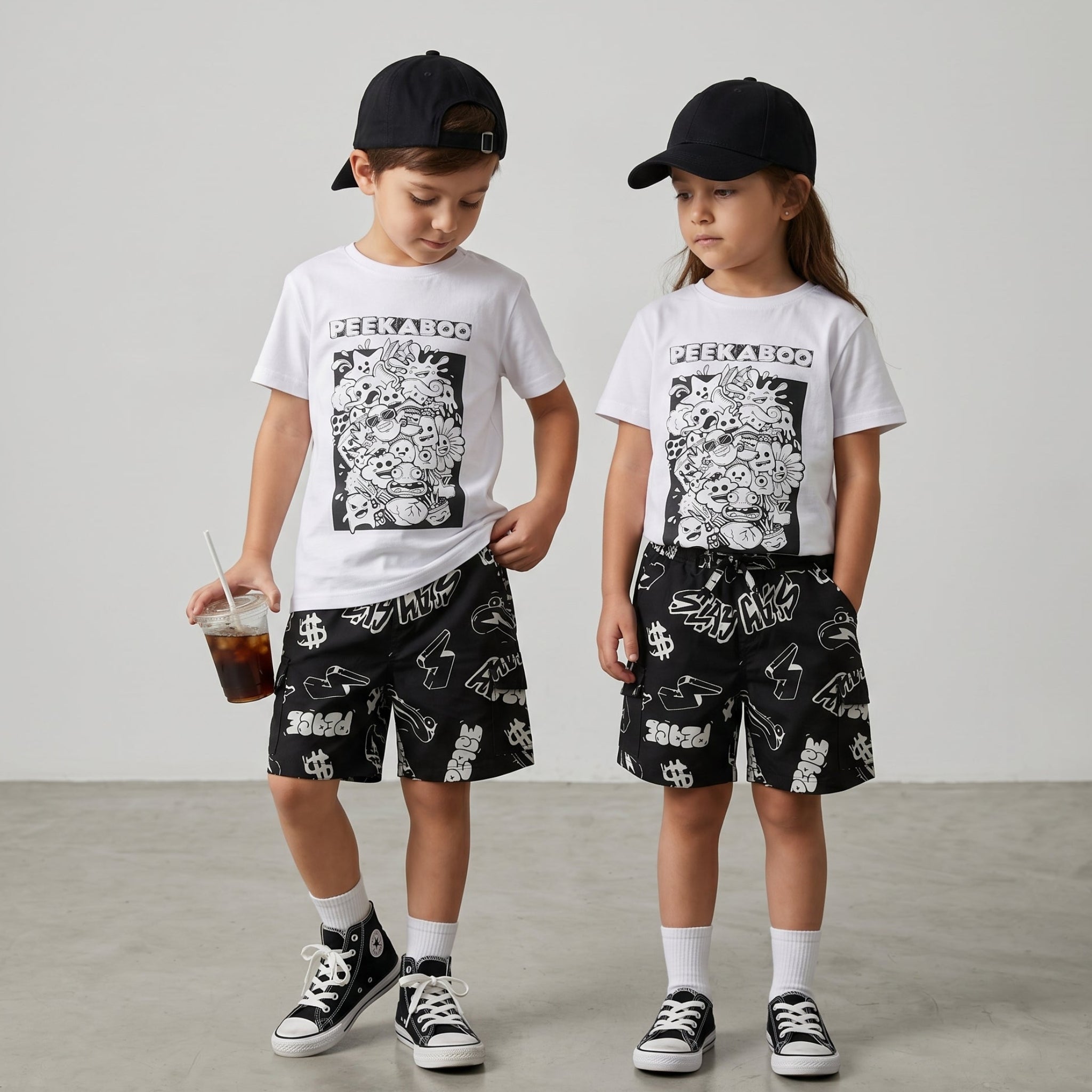 Unisex Peekaboo T-shirt & Graffiti Cotton Elastane Shorts - Streetwear - White & Black