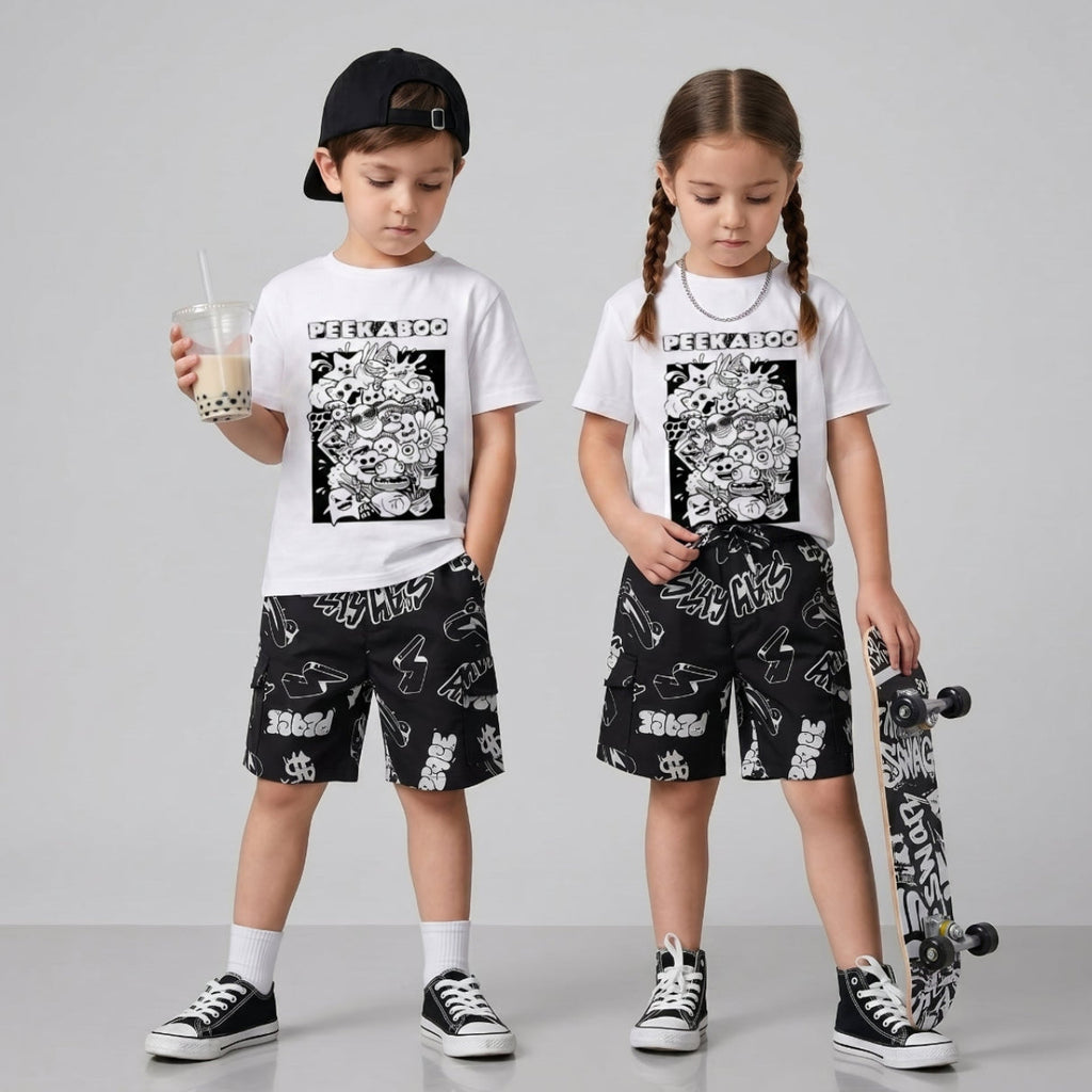 Unisex Graffiti Cotton Elastane Shorts - Streetwear - Black