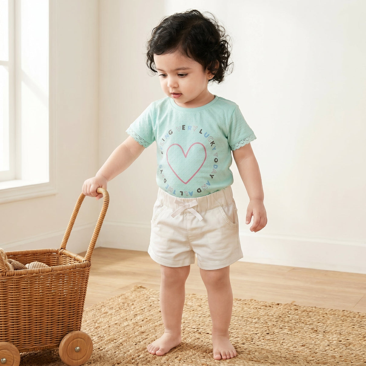 Lucky Heart T-shirt & Bow-Tie Cotton Twill Shorts Co-ord Set - Blue & White