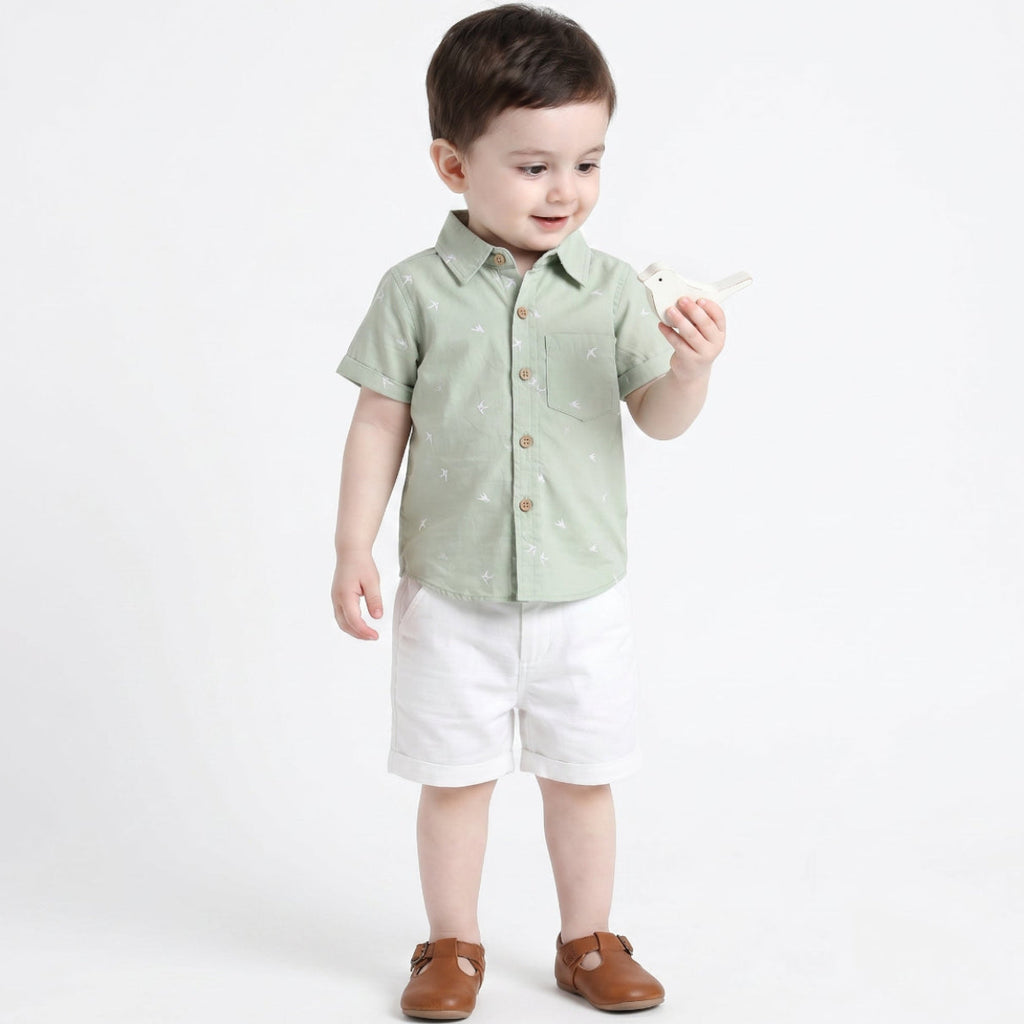 Bird Print Cotton Poplin Boys Shirt & Cotton Slub Shorts - Green & White