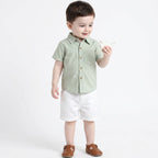 Bird Print Cotton Poplin Boys Shirt & Cotton Slub Shorts - Green & White