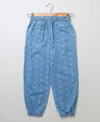 Cotton Denim Heart Printed Pants - Blue